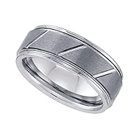 Tungsten Brushed Center Diagonal Grooves Step Edge Mens Comfort fit 8mm Wedding Anniversary Jewelry Gifts for Men - Ring Size Options: 10 10.5 11 11.5 12 12.5 13 13.5 14 7 7.5 8 8.5 9 9.5