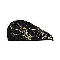 Black Gold Marble Dry Hair Cap Towel with Button Super Absorbent Quick Dry Instant Hair Dry Wrap Hair Towels for Long Thick & Curly Hair, Soft Anti Frizz Microfiber Towel for Hair