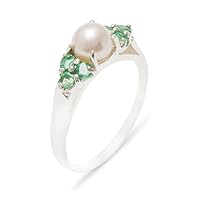 925 Sterling Silver Cultured Pearl & Emerald Womens Cluster Anniversary Ring