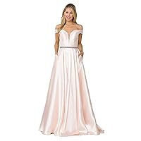 Off The Shoulder Long A-Line Dress, with Rhinestone Belt Detail