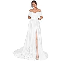 Women's Off Shoulder Satin Prom Dresses A-line Formal Evening Ball Gowns with Split White