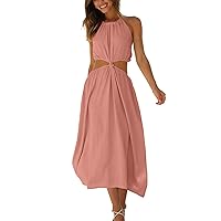 DEEP SELF Women's Summer Midi Dress Sleeveless Square Neck Smocked Cut Out Long Dress Spaghetti Strap A Line Sun Dresses
