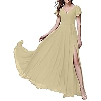 Women's Elegant Ruffles Sleeve Bridesmaid Dress Long Chiffon A-Line Formal Evening Dress