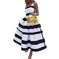Summer Satin Maxi Dress Striped Print Tank Dresses Swing A Line Dresses Women French Elegant Sleeveless Robe