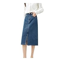 Woman Spring Retro Cotton Washed Denim Skirt Casual Button Straight Split Midi Jean Skirts