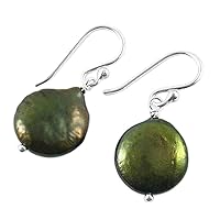 Sterling Silver Cultured Coin Pearl Drop Earrings, Olive Green