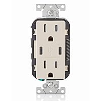 Leviton T5635-T 30W (6A) USB Dual Type-C/C Power Delivery In-Wall Charger with 15A Tamper-Resistant Outlet, USB Charger for Smartphones, Tablets, Laptops, Light Almond