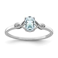 925 Sterling Silver Polished Open back Rhodium Plated Diamond and Aquamarine Oval Ring Measures 2mm Wide Jewelry for Women - Ring Size Options: 6 7 8 9