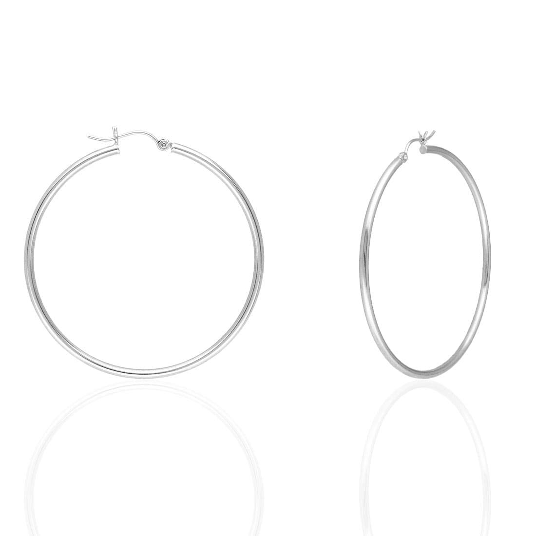 14K Yellow White Gold 2mm Round Hoop Earrings 22mm-76mm, White Gold, 47mm