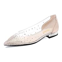 XYD Women Rhinestones Studded Ballet Flats Mesh Rivets Hidden Heels Slip On Pointed Toe Evening Dressy Shoes