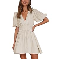 Women's V Neck Lantern Sleeve Short Mini Dress Elastic Waist A Line Summer Dresses Casual Solid Color Beach Dress