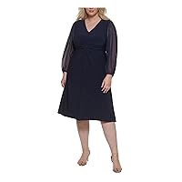 Jessica Howard Womens Navy Gathered Pocketed Sheer Zippered Jersey Knit Blouson Sleeve V Neck Knee Length Fit + Flare Dress Plus 24W