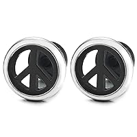 Anti-war Sign Peace Symbol Stud Earrings for Men Women, Steel Silver Black Circle Frame, Screw Back