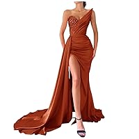 Beaded Satin Prom Dresses Strapless Mermaid Formal Evening Gowns with Slit V Neck Party Dresses with Train