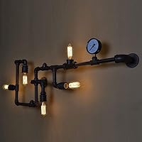 35.43In Vintage Industrial Retro Metal Water Pipe Wall Lamp with Five Edison Light Sources Wall Sconce Lamp Steampunk Wrought Iron Wall Light with Black Finish