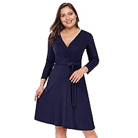 Plus Size Dress Women's V Neck Wrap A-Line Dress Plus Size Knee Length Midi Swing Dress for Curvy Women