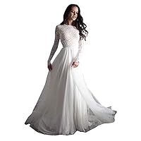 Women's Backless Lace Boho Wedding Dresses for Bride with Church Train Long Sleeve Bridal Ball Gown