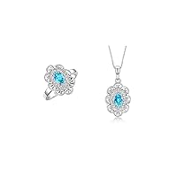 Rylos Matching Set 14K White Gold Floral Pattern Halo Pendant Necklace & Ring. Gemstone & Diamonds, 18
