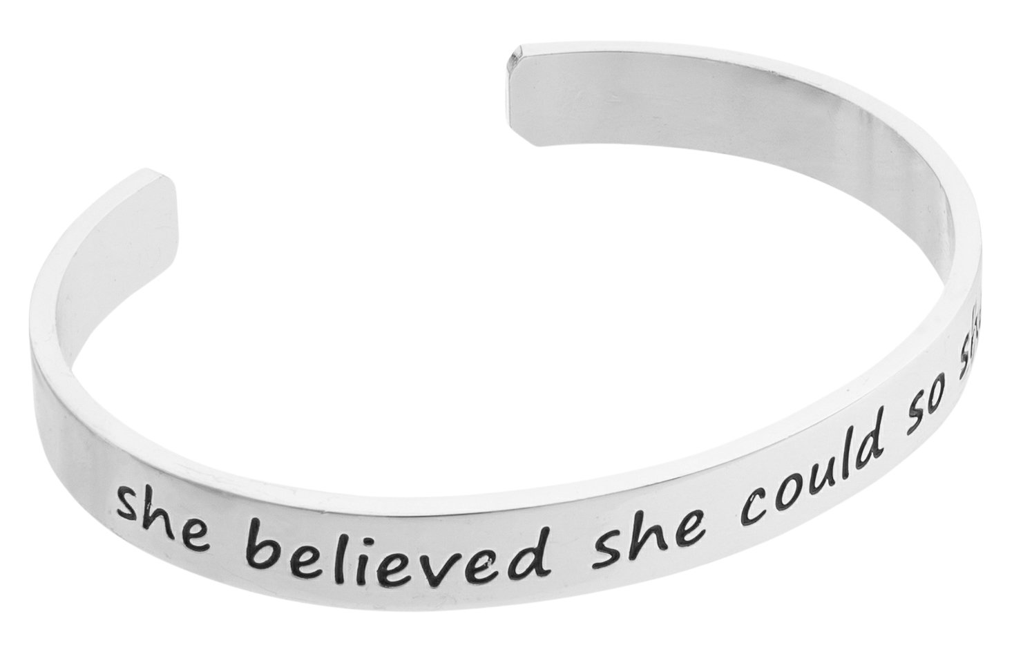Inspirational Silver Cuff Bracelet – Stamped “She Believed She Could So She Did” Jewelry for Women, Teens, Girls – Motivational Quotes Mantra Band Bracelets – Perfect Gift