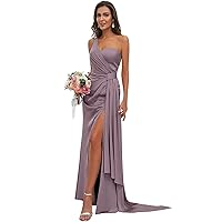 Women's One Shoulder Satin Bridesmaid Dresses Long with Slit Formal Evening Gown