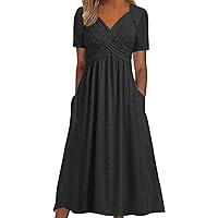 Women Fashion Solid Short Sleeve Casual Loose Long Dress with Pockets Plus Size Dressing for Women (8-Black, XXL)