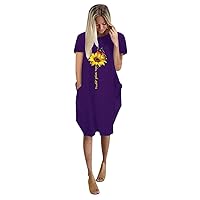 Women's Casual Dress Printed Crewneck Loose Fit Baggy Knee Length Short Sleeve Midi Shirt Dress Short Sleeve Summer Sundress Daily Wear Streetwear(2-Purple,8) 1030