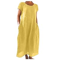 Women's Loose Cotton Linen Dress Trendy Solid Color Round Neck Short Sleeve Maxi Dresses with Pockets