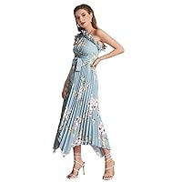 TINMIIR Women's Summer Dresses Ruffle Trim One Shoulder Pleated Hanky Hem Belted Floral A-Line Dress (Color : Mint Blue, Size : X-Large)