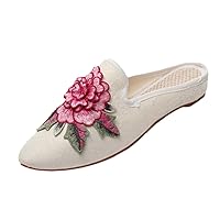 Ethnic Flower Women Summer Slippers Embroidery Cotton Fabric Mules For Ladies Pointed Toe Loafers Flat Slides