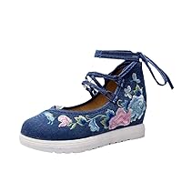 Spring Women Cross-Tied Embroidered Casual Shoes Vintage Canvas Sneakers Ethnic Lace-Up Female Wedges Shoes Blue 8