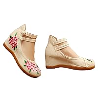 Floral Embroidered Women Canvas Wedge Pumps Ladies Ethnic Shoes Mid-Heel Vintage Casual Espadrilles for Female Beige 4.5