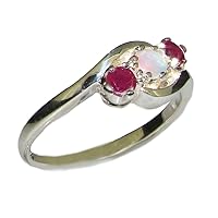 18k White Gold Real Genuine Opal & Ruby Womens Band Ring