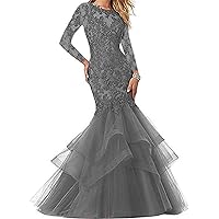 Women's Long Sleeves Mermaid Lace Prom Dress Ruffle Formal Party Gowns