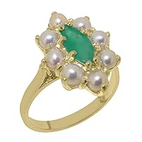 Solid 14k Yellow Gold Natural Emerald & Cultured Pearl Womens Cluster Ring - Sizes 4 to 12 Available