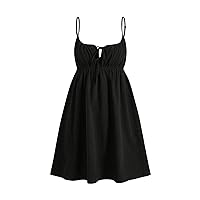 MakeMeChic Women's Casual Tie Front Spaghetti Strap Sleeveless High Waist Summer A Line Mini Dresses