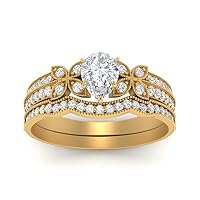 Choose Your Gemstone 18k Yellow Gold Plated Pear Shape Milgrain Petal Diamond CZ Wedding Ring Set Fashion Jewelry Handcraft Chakra Healing Beautiful Birthstone Ring : US Size 4 to 12