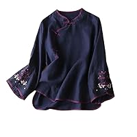 Women Blouse Embroidery Cotton and Chinese Suit Oversize Long Sleeve Ladies Casual Top Hanfu Cheongsam