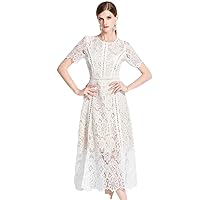 Women Summer O-Neck White Dress Wedding Cocktail Party Vintage Hollow Out Lace Robe