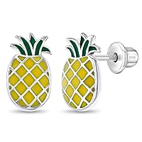 925 Sterling Silver Enamel Pineapple Fruit Screw Back Earrings For Little Girls & Young Teens- Fun & Adorable Tropical Fruit Safety Screw Back Earrings