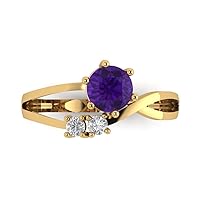 Clara Pucci 0.82ct Round Cut 3 stone love Solitaire Natural Amethyst gemstone designer Modern Statement with accent Ring 14k Yellow Gold