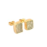 Guntaas Gems Unique Rough Green Strawberry Quartz Brass Gold Plated Rectangle Shape Collate Setting Stud Earrings For Best Gift