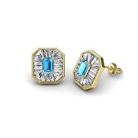 Emerald Cut Blue Topaz Baguette Natural Diamond 1 3/8 ctw Women Milgrain Stud Earrings 14K Gold