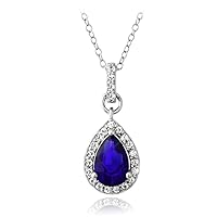 Gemstone Jewellery 925 Silver Lab Created Blue & White Sapphire Teardrop Necklace, 18