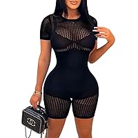 ZileZile Women's Sexy See Through One Piece Outfits Jumpsuit Short Sleeve Hollow Out Romper