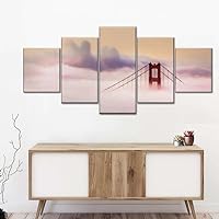 ORDIFEN Canvas Prints With Your Photos 5 Pieces Pictures Pink Sky Cloud Covered Golden Gate Bridge 5 Piece Modern Posters Wall Pictures For Living Room Decor(No Frame)