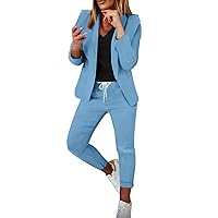 Women 2024 Soft Two Piece Outfits Blazer Jacket Bodycon Pants Lapel Button Business Work Casual Suit Sets