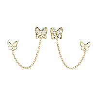 Reffeer Solid 925 Sterling Silver Double Holes CZ Butterfly Chain Stud Earrings Two Butterfly Cuff Climber Earrings for Women Teen