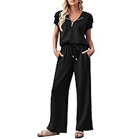 MEROKEETY Women 2 Piece Outfits Sweatsuit Set Half Zip Lapel Collar Short Sleeve Sweatshirt Wide Leg Sweatpant Tracksuit Sets