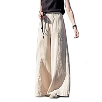 Womens Cotton Linen High Waist Plus Size Trousers Ladies Casual Baggy Solid Palazzo Pants with Pockets