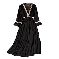 Women's Boho V Neck Tassel Patchwork Dress Solid Long Sleeve Beach Dresses